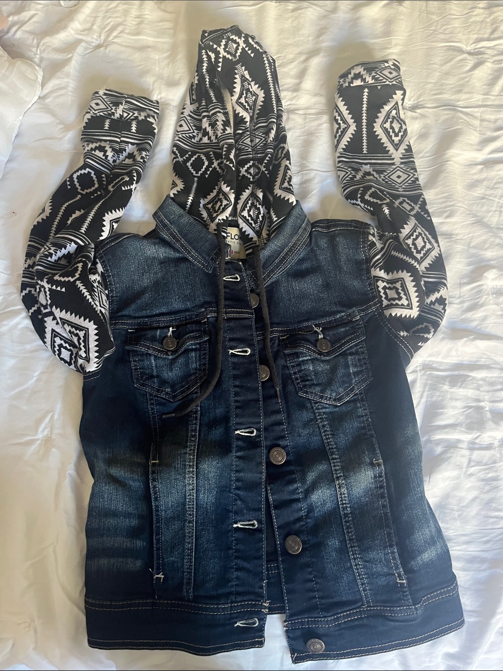 Juniors Denim Hooded Jacket with Black & White Patterned Sleeves